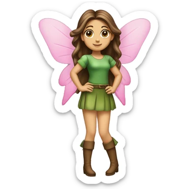 A full body of a fairy with green top and mini skirt she have a good shape of body and a long brown hair, with pink flower stuck in her earring, she have the most beautiful face, and she is flying, she have green high boots heels  sticker