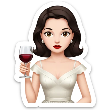 Beautiful woman in 1950’s woman fashion look, white dress, long dark brown hair, wine, sticker