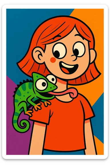 funny cartoon chameleon with big eyes licking a girl's shoulder, playful, vibrant colors sticker