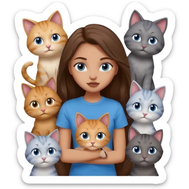 a pretty bratz dusky light skin girl with long brown hair, blue eyes with six cats nd wearing a grey tshirt sticker