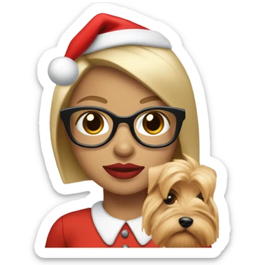 blonde woman, blue eyes wearing red santa hat and glasses and red lips holding Yorkshire terrier  sticker