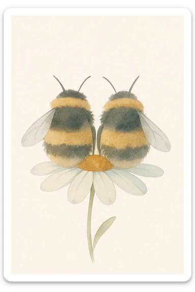 Two fluffy bumblebees sitting side by side on a daisy, view from behind, watercolor illustration, soft lines, warm colors, light background, children's book illustration style sticker