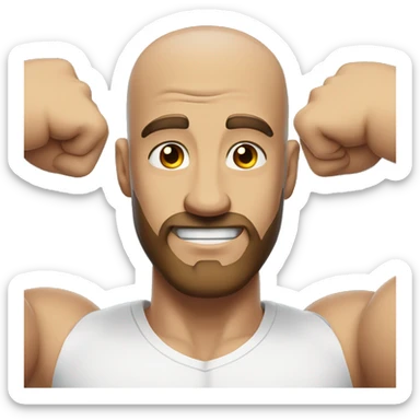 Close up man flexing muscles in a white shirt, bald, brown beard sticker