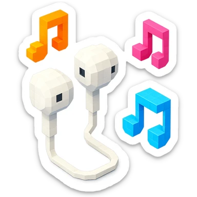 white EarPods headphones with a playful twist, surrounded by music notes sticker