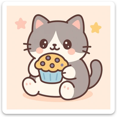 a chubby grey and white cat eating a blueberry muffin, soft, friendly, cute style sticker