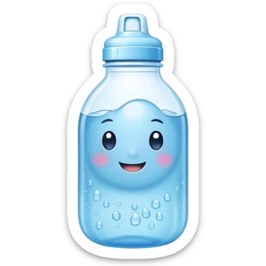 Cute Kawaii Water Bottle, round and bubbly, soft blue with tiny water droplets around, a happy smiling face, gentle glowing highlights, fresh and refreshing vibes! sticker