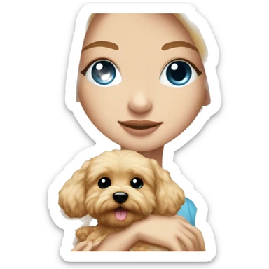 Blonde girl with very long straight hair and blue eyes is hugging a small caramel maltipoo sticker