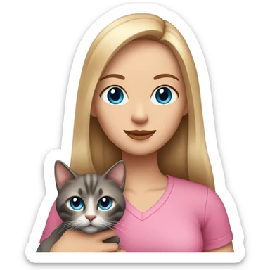 White woman with blue eyes and long dark hair wearing a pink shirt and holding a tabby cat sticker