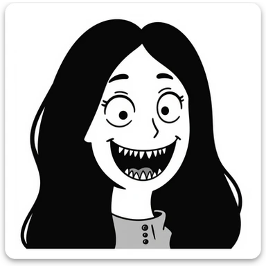 japanese horror style woman with extremely long black hair, pale white face, wide unblinking eyes, and a distorted mouth filled with hundreds of sharp jagged teeth sticker