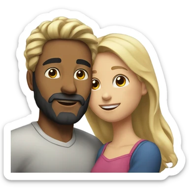 man with beard and black hair and girl with blond wavy hair hugging sticker