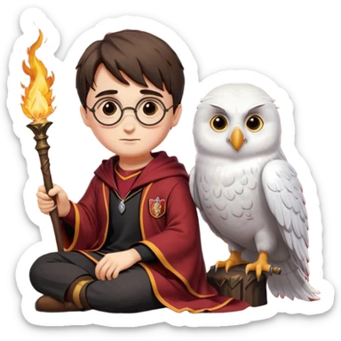 harry potter in gryfinndor uniforn sitting on firebollt hedwig sitting on hand sticker