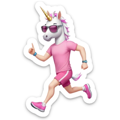 friendly anthropomorphised male white unicorn in grey shorts and pink t-shirt, wearing dark sunglasses, jogging upright in a relaxed pose sticker