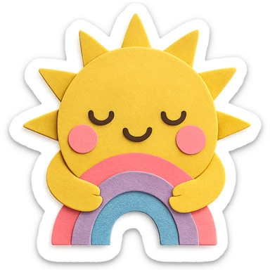 cute bright yellow sun, hugging tiny rainbow arc, soft pastel colors, no limbs, transparent background, full body, paper craft style sticker