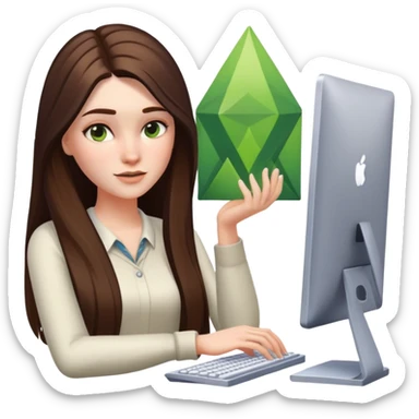 beautiful pale brunette girl with long hair playing the sims4 on her computer  sticker