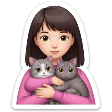 beautiful woman with dark brown straight hair and bangs, brown eyes wear a pink clothes, and white skin hugs a cute chubby cat sticker