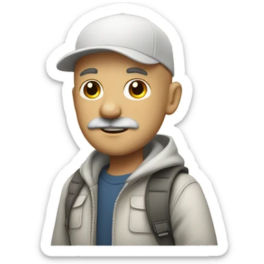 walking young bald white man wearing cap with soft beard & moustache sticker