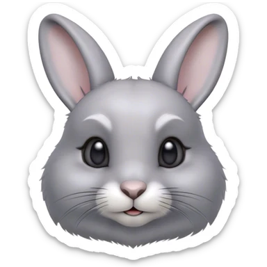 Cinematic Cute Grey Rabbit Portrait Emoji, Head tilted playfully and inquisitively, featuring a silky, smooth grey fur with soft, velvety textures, round, sparkling grey eyes filled with curiosity, Simplified yet irresistibly adorable features, highly detailed, glowing with a warm, friendly glow, high shine, affectionate and gentle, stylized with a touch of whimsy, bright and endearing, soft glowing outline, capturing the essence of a mischievous yet loving bunny, so playful it feels like it could hop out of the screen and into your arms! sticker