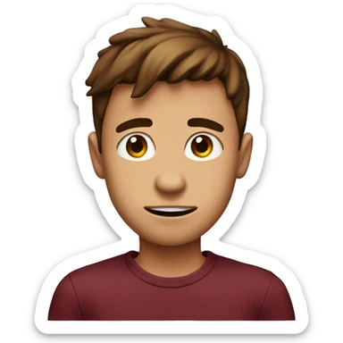 A stupid boy wearing a maroon shirt and the shirt says pee pee head and he has brown hair  sticker