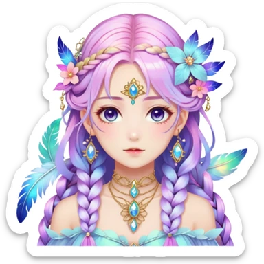 Beautiful gorgeous anime lady with beautiful iridescent-nebula-braided-hair, fashion aesthetic, ethereal, fairycore, pastelcore, feathers, flowers, gems, accessories, jewelries, gold, colorful sticker