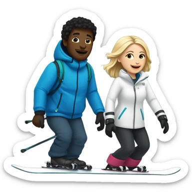 A black man snowboarding and a white dark haired woman skiing  sticker