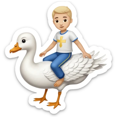 A boy in a Ukrainian white embroidered shirt flies on a white goose sticker