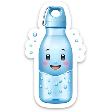 Cute Kawaii Water Bottle, round and bubbly, soft blue with tiny water droplets around, a happy smiling face, gentle glowing highlights, fresh and refreshing vibes! sticker