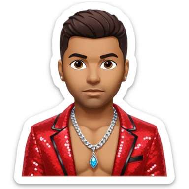 Ginuwine dark brown hair, red sequin jacket, shirtless with necklace sticker
