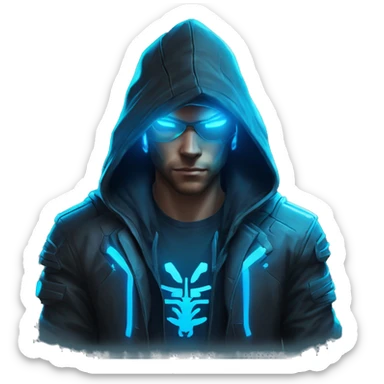 developer behind his laptop with this style : crysis Cyberpunk Valorant neon glowing bright blue character blue black hooded assassin themed character sticker
