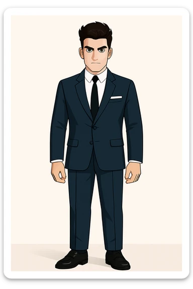 Transform the full-body illustration of a young man in a fitted navy blue suit, white shirt, black tie, and pocket square into a clean cartoon style with sharp lines and consistent lighting. Keep the elegant hairstyle, confident expression, and modern business look. Preserve the character's identity and pose with a clean background. sticker