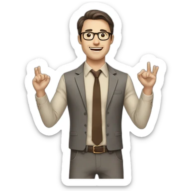 To belt Actively gesturing with hands Okay Pale skinned fit man with dark brown hair in gray jacket, beige office shirt, brown tie, brown pants and vintage glasses. sticker