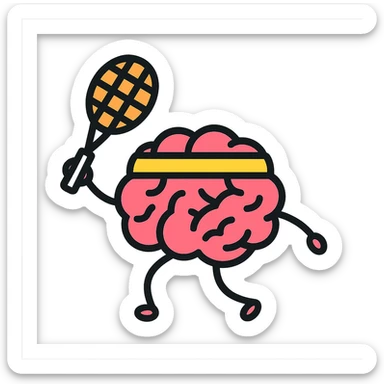 a brain with a sweatband, swinging a tennis racket, colorful outline icon style sticker
