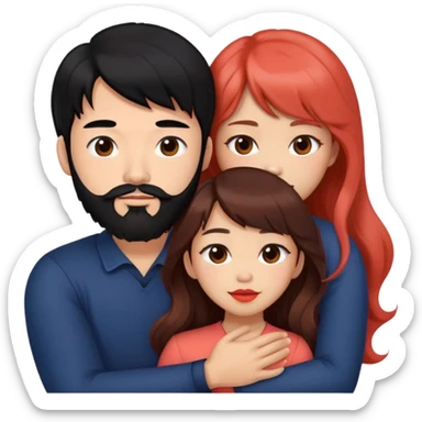 mean handsome asian man with black hair and beard, hugging cute woman with tan skin and long wavy reddish brown hair with bangs and coral lipstick sticker