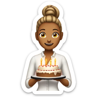 tanned girl with a ponytail bun holding a large cake with the candles lit singing sticker