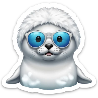 A fluffy, all white, tiny Seal having fun in lake while wearing sunglasses sticker