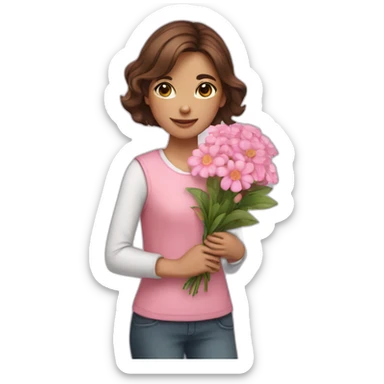 A girl with brown hair is holding a bouquet of pink flowers sticker