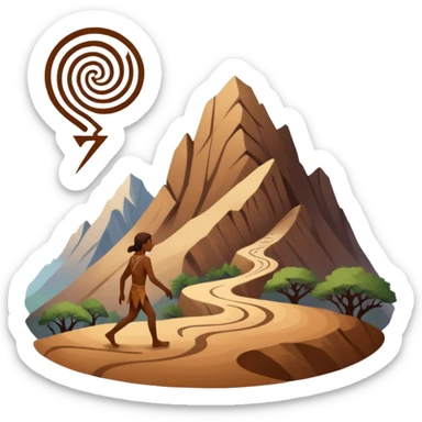 una figura humana sencilla como pintura rupestre caminando hacia una montaña la montaña hecha con líneas curvas primitivas
un animal totémico minimal 
un espiral tipo energía ancestral de fondo 
una mano prehistórica adaptada a ícono
Con una runa moderna inspirada en naturaleza sticker