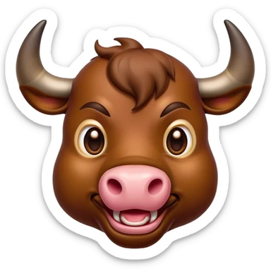 Cinematic Comical Brown Bull Portrait Emoji, Head tilted dramatically with an exaggeratedly amused expression, featuring a striking, glossy brown hide with a bold natural sheen, wide, expressive dark eyes filled with playful disbelief, Simplified yet hilariously expressive features, highly detailed, glowing with a slightly sassy glow, high shine, dramatic yet playful, stylized with an air of cheeky mischief, bright and endearing, soft glowing outline, capturing the essence of a spirited and over-the-top bull, so meme-worthy it feels like it could charge its way into internet fame instantly! sticker