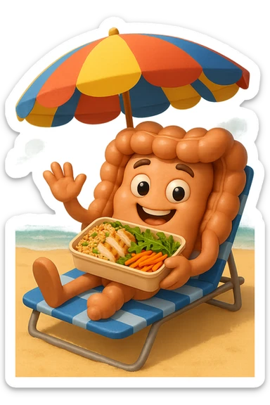 EMOJI STILE IPHONE DI INTESTINO IN SPIAGGIA SU UNA SPIAGGINA SOTTO L'OMBRELLONE CON IN MANO UNA SCHISCETTA DI Insalata di quinoa e pollo con rucola e carote, iperrealistica 4k sticker