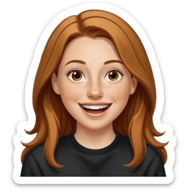 A 38 year old white woman with long brunette hair parted in the middle. She has her nose pierced. Her nose is medium sized. She has brown eyes. She has freckles and is wearing a black sweatshirt and is laughing  sticker