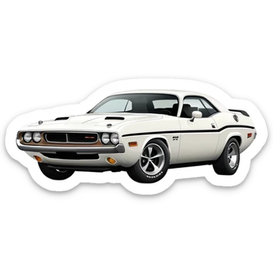 Sleek white 1971 Dodge Challenger, simplified design, complete white color scheme, slight angle showing front and side, detailed but minimalist, iOS emoji style sticker