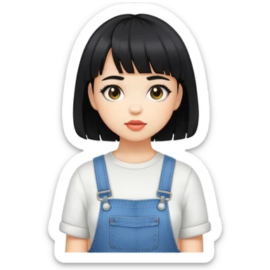 a girl with light skin short black hair with black bangs and wearing cute overalls  sticker