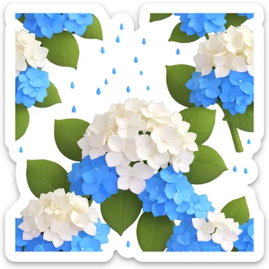 White and blue gradient hydrangea (ajisai) flower in Japanese woodblock print style, with seasonal rain elements and kanji-inspired background, Edo period aesthetic sticker