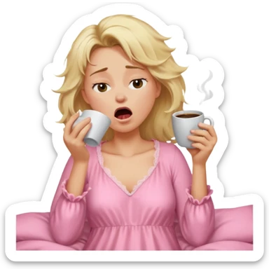 A blonde woman in a pink nightgown yawns, looking sleepy with dark circles under her eyes, drinking coffee, looking like she just woke up sticker