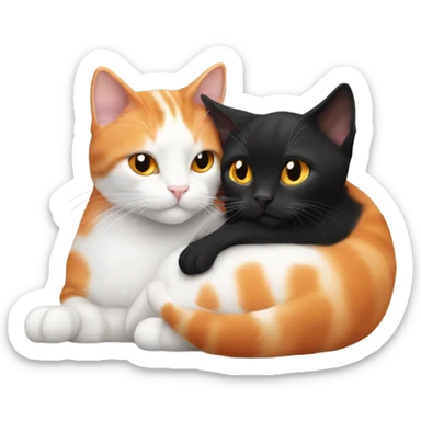 Orange and white cat cuddles small black cat sticker