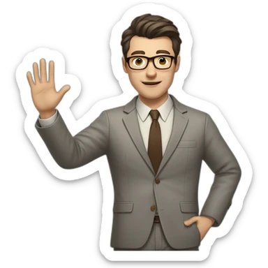 Full height Actively gesturing with hands Pale skinned fit man with dark brown hair in gray jacket, beige office shirt, brown tie, brown pants and vintage glasses. sticker