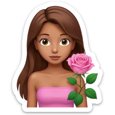 A tanned girl's face waved long brown hair with pink rose with pink tube top sticker