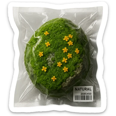 light gray rock, covered in green moss with clusters of small bright flowers, glossy sticker