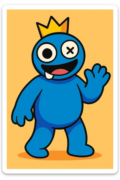 Rainbow Friends Blue character, vibrant cartoon style, full body, friendly expression, simple background sticker