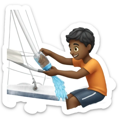 boy pouring water from a hose onto a sailboat  sticker