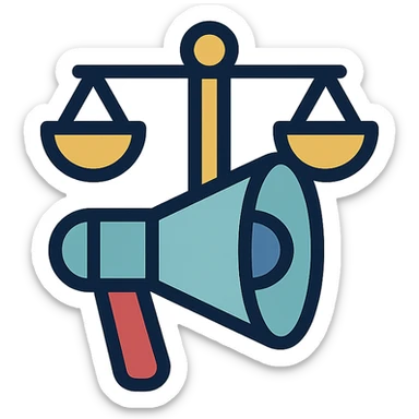 minimalist icon for advocacy consulting firm, megaphone and scales of justice intertwined, subtle gold navy blue accents, represents empowerment positive change sticker